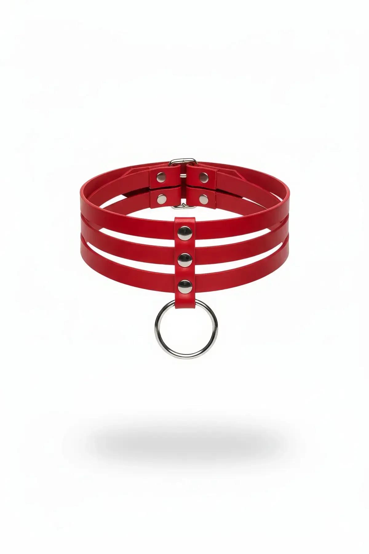 kırmızı vegan deri üç bantlı choker gümüş metal O-halka detaylı aksesuar