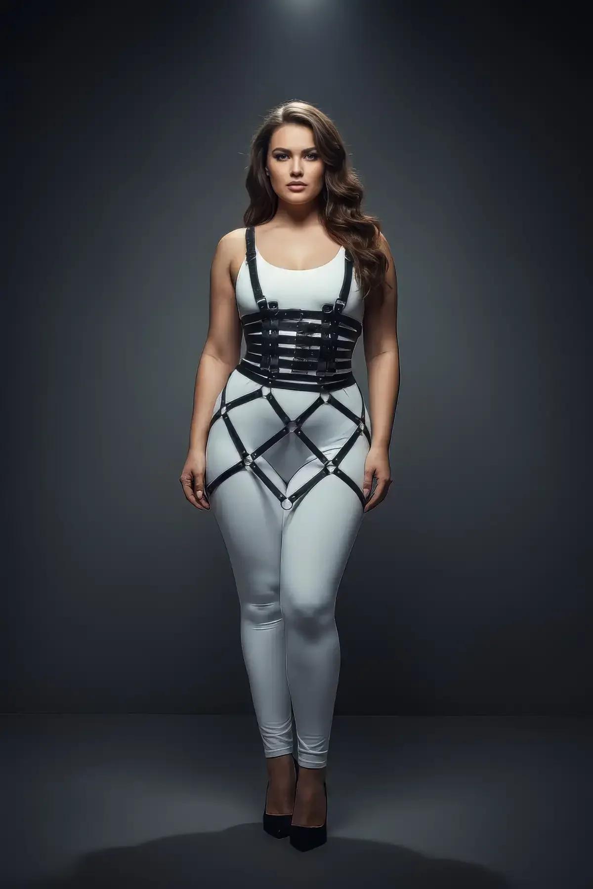 ayarlanabilir siyah deri harness etek bölümü kalça çevresi kafes yapı yan görünüm