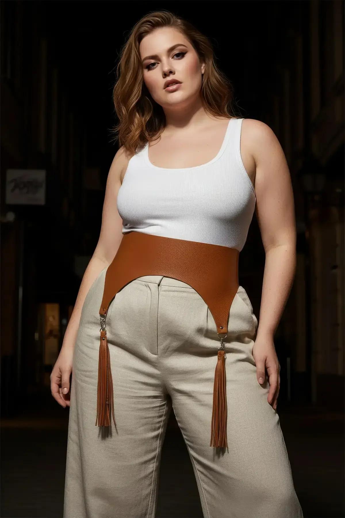 Büyük beden taba kemer arka profil, 18 cm korse yüksekliği