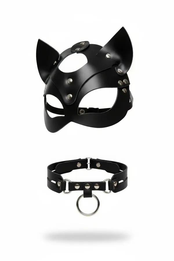 black faux leather cat ear mask with silver rivets and open eye cutouts alongside matching O-ring choker set