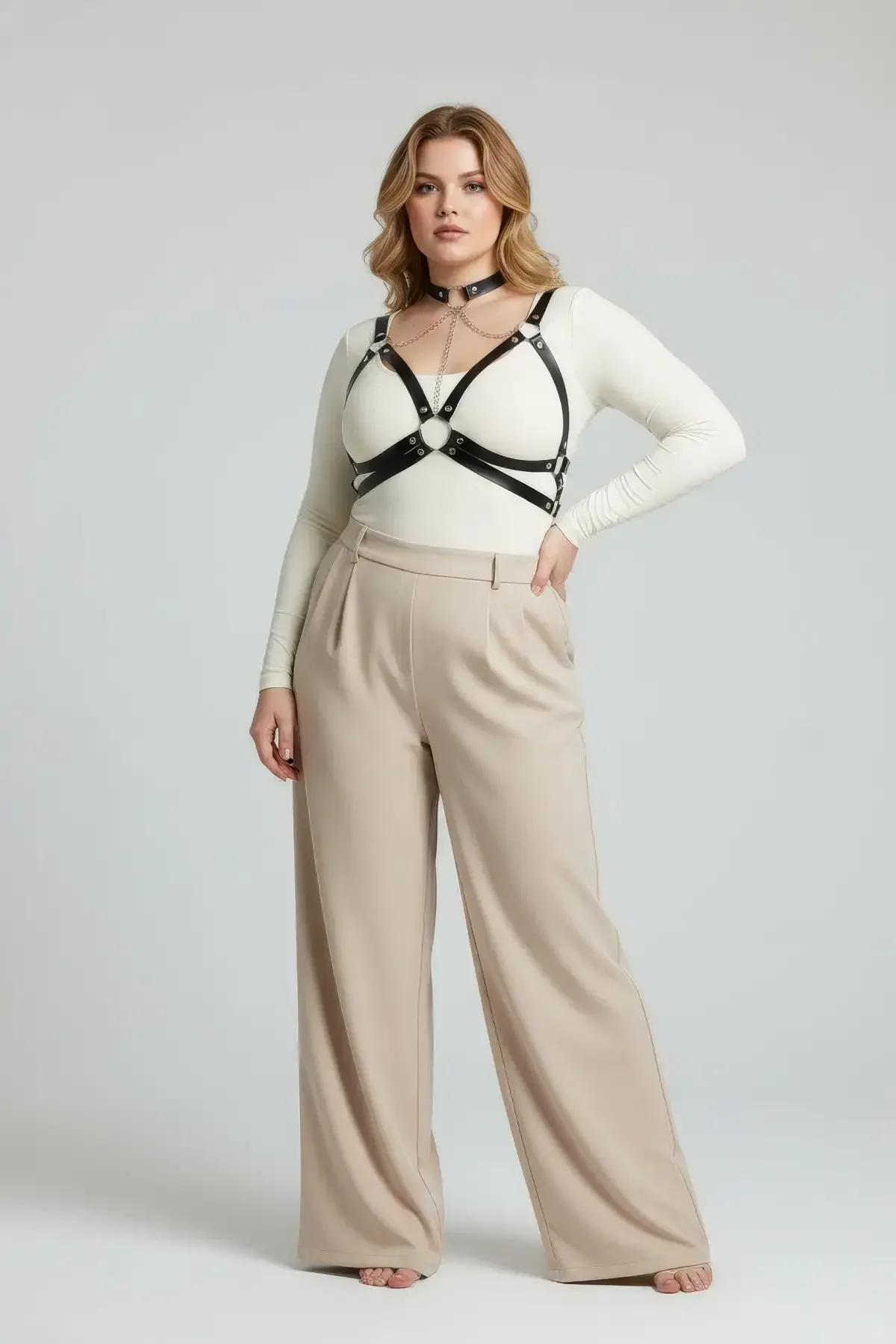 siyah PU deri harness gümüş choker zincir bağlantısı büyük beden ön görünüm