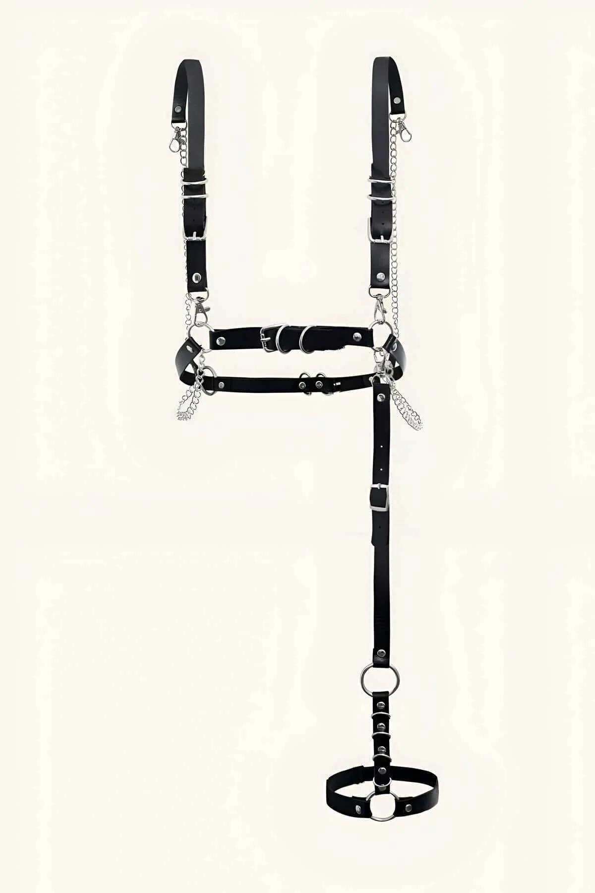 Back view of black PU strap body harness showing shoulder buckle and vertical centre strap