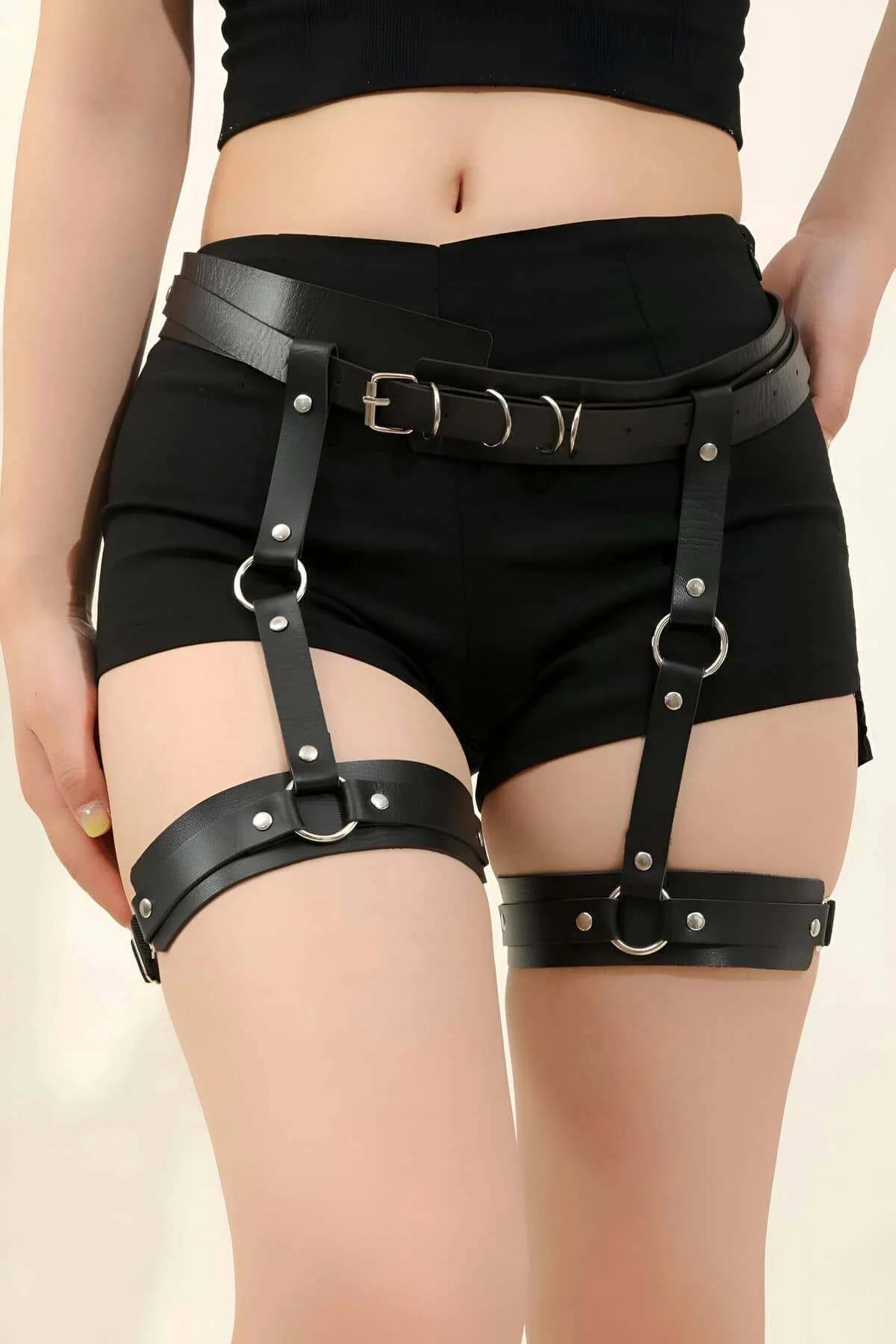 adjustable black PU leather waist-to-thigh harness belt silver studs front view