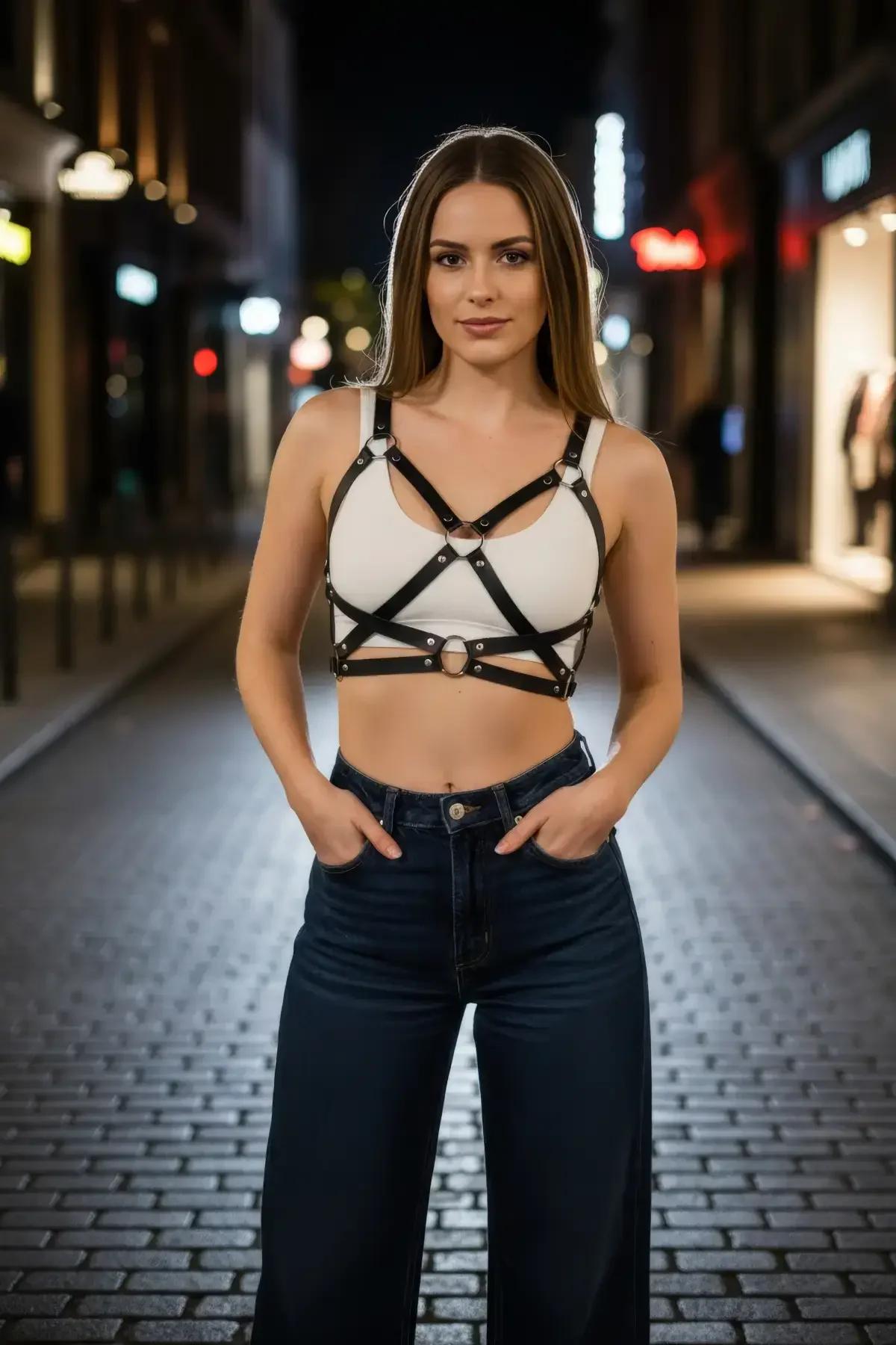Faux leather vücut kemeri perçin detayı yakın çekim, gümüş toka sistemi