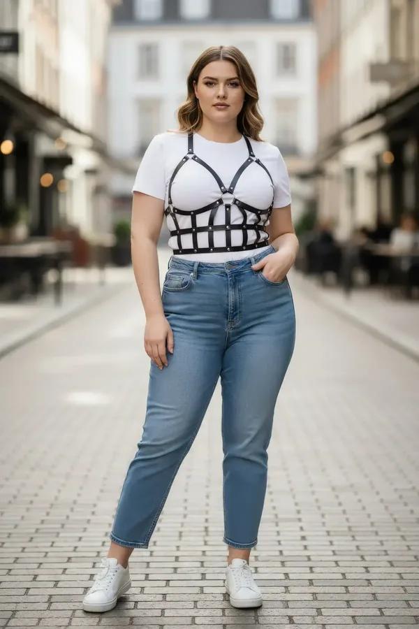 büyük beden siyah vegan deri vücut harness kafes şerit tasarım gümüş perçinli kemer aksesuar