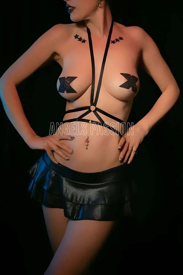 black elastic chest harness chrome O-ring halter neckline with waistband front view