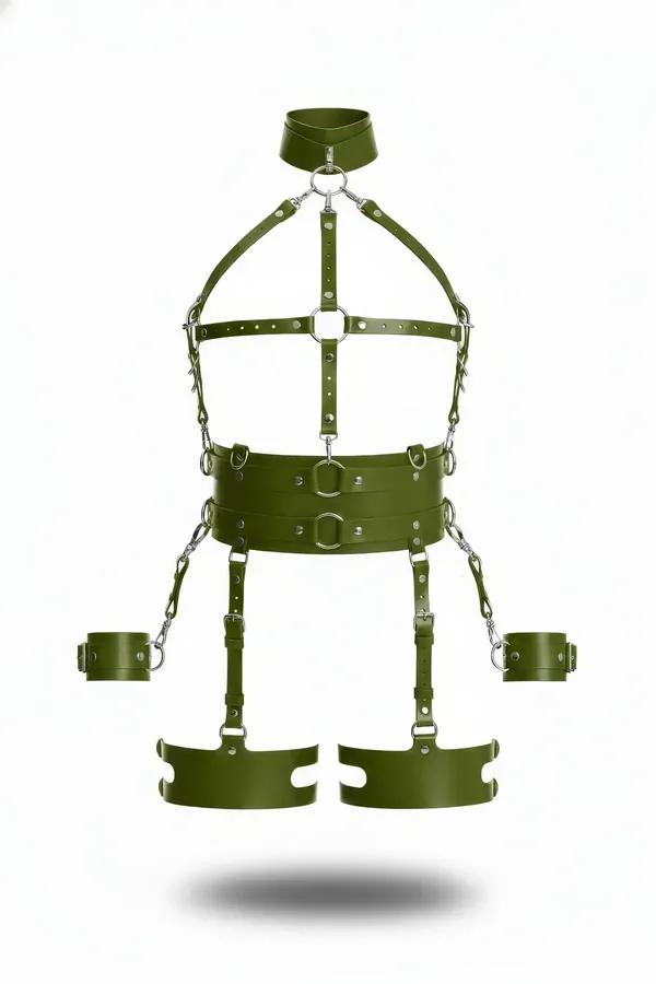 Haki faux leather harness takım zincir detaylı geniş bel kemeri bileklik ve uyluk bandıyla tam set