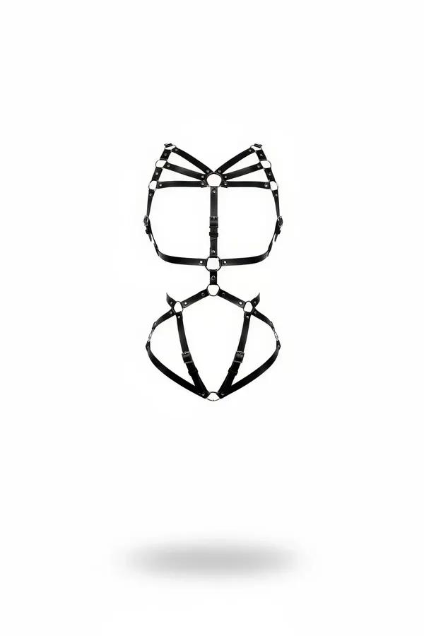Black faux leather strappy O-ring full body harness with silver buckles and multi-strap chest cage on white background