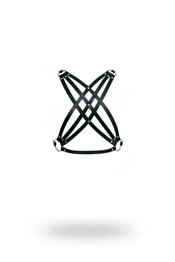 Black faux leather cross chest harness with geometric X intersecting straps and silver O-ring side hardware