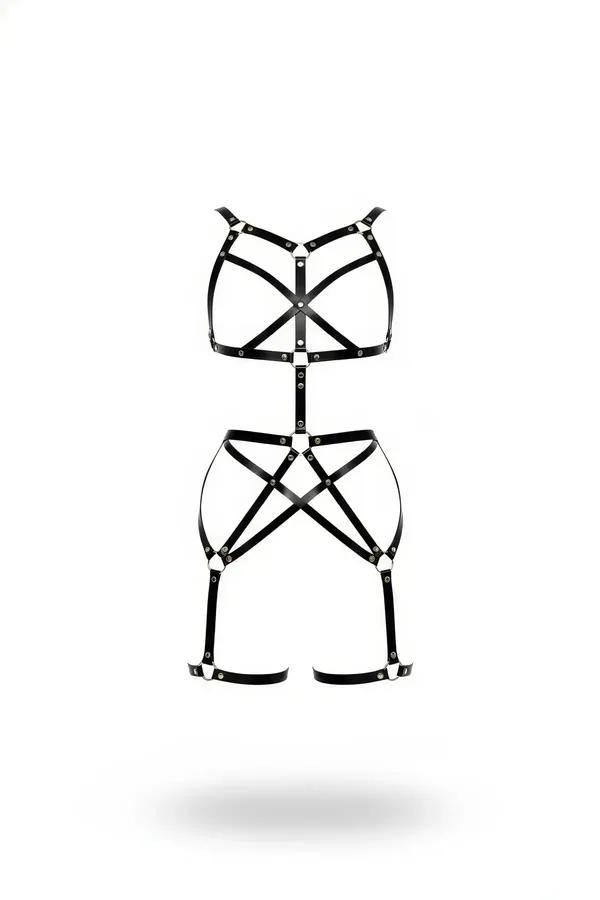 Black faux leather full body harness with cage bralette, cross-pattern hip frame, thigh bands, and silver O-ring hardware