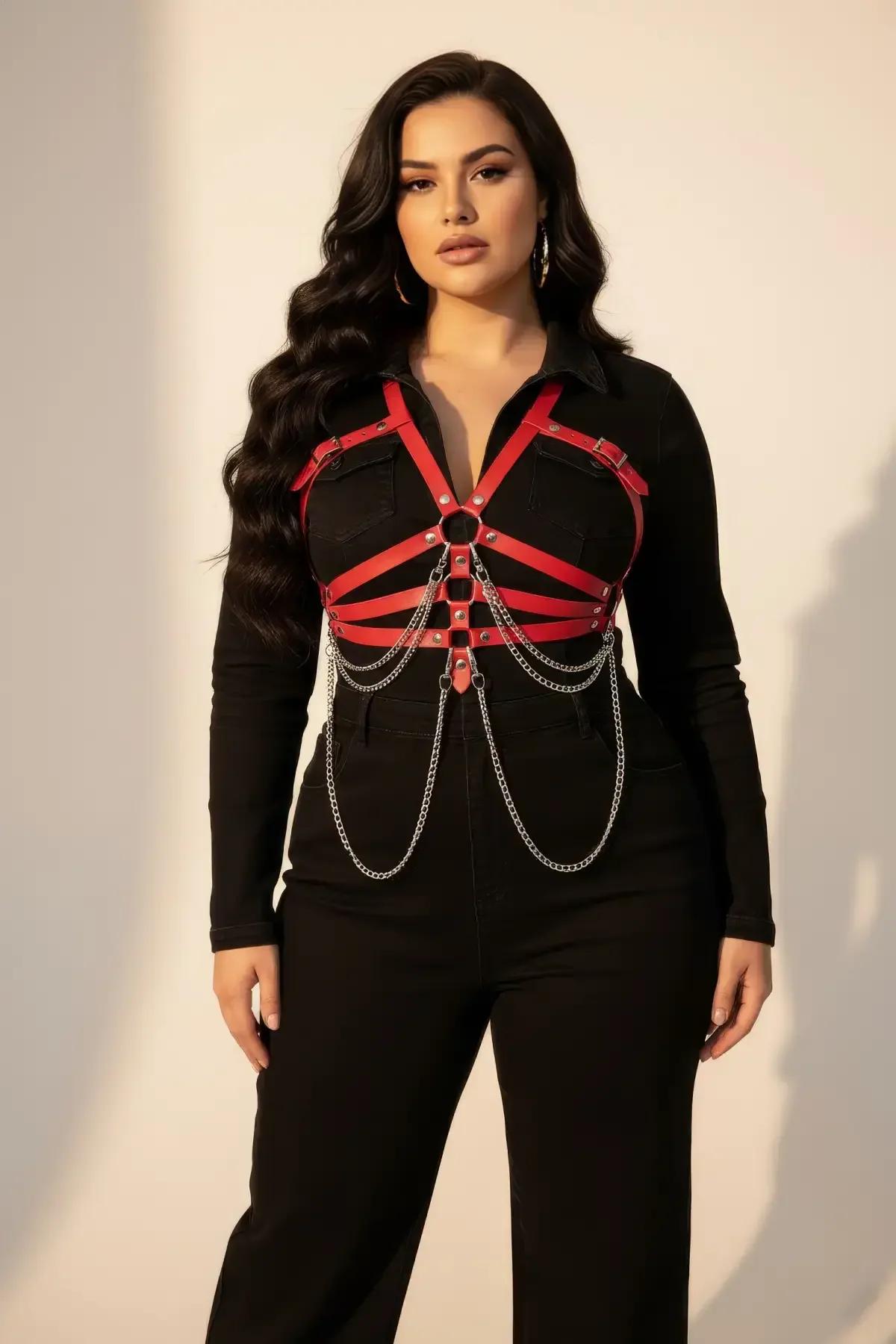 gümüş metal sarkıt zincirler kırmızı harness bel hizası yakın çekim
