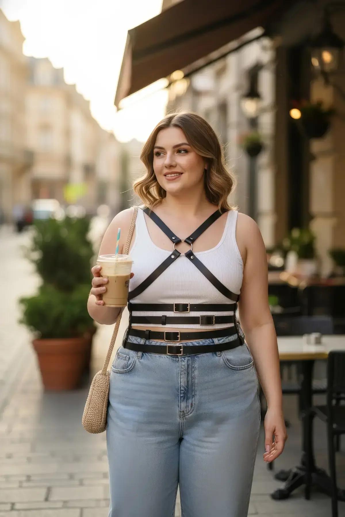 büyük beden siyah vegan deri body harness çapraz göğüs askısı ve belde üç metal tokalı bant