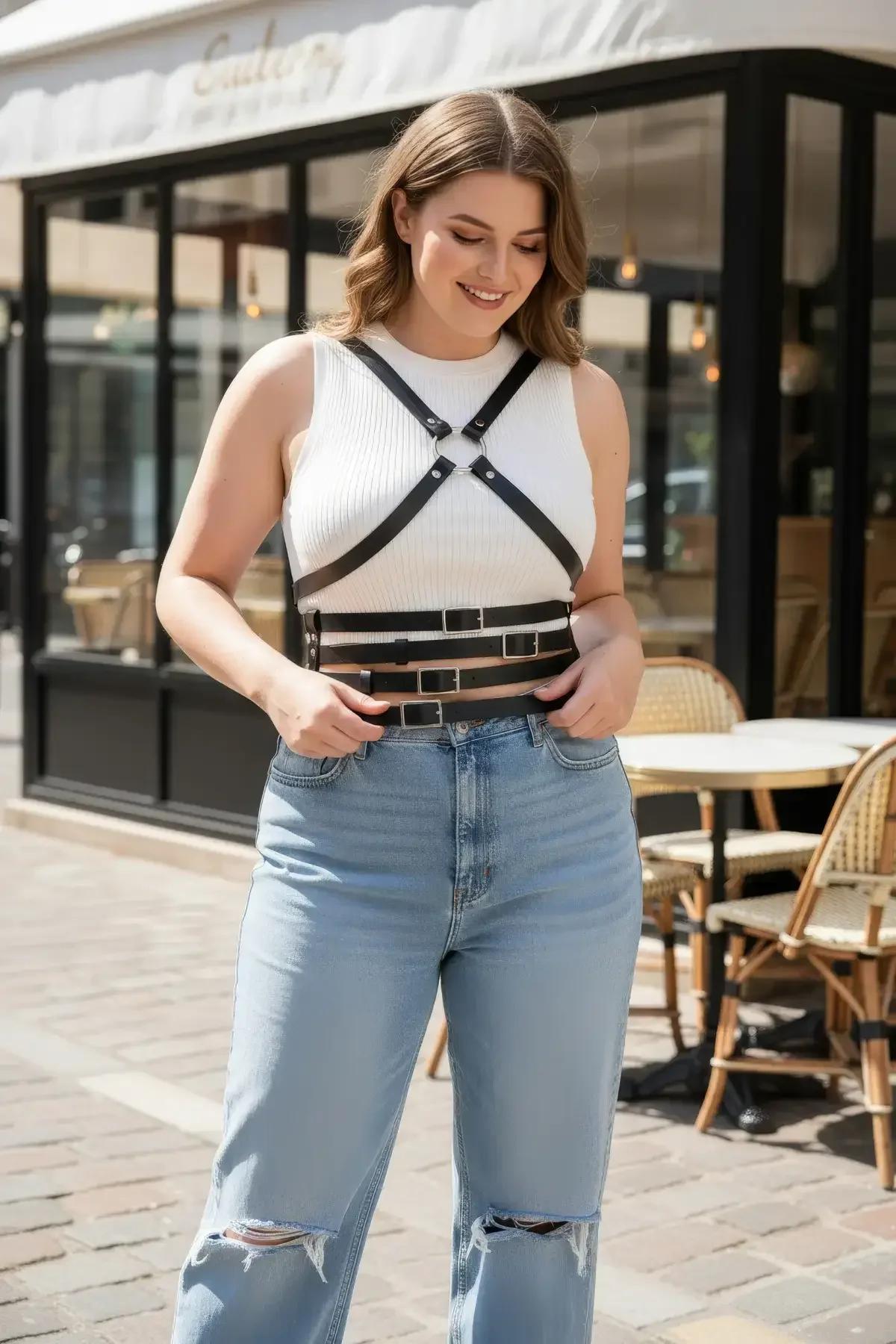 büyük beden body harness belde üç yatay kemer bandı gümüş metal toka yakın çekim