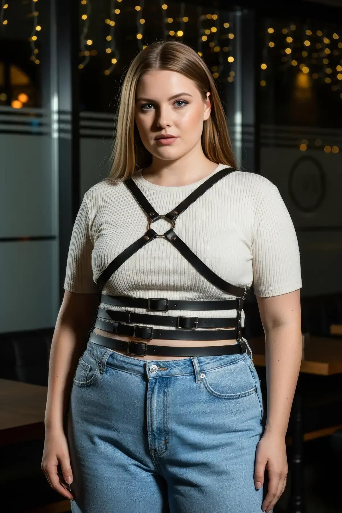 siyah deri vücut aksesuarı beyaz crop top üzerine sokak kombini büyük beden kadın