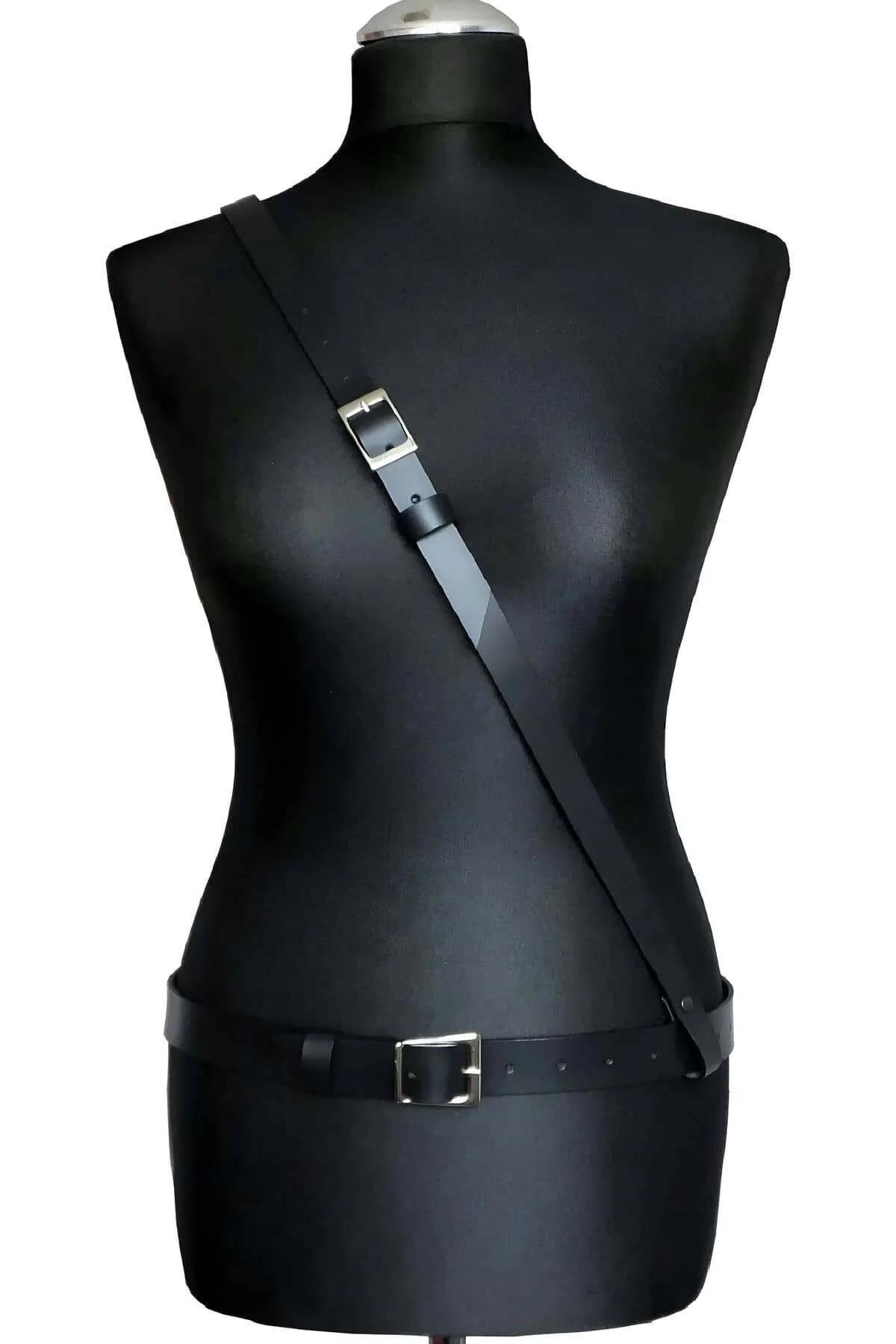 Smooth black polyurethane harness waist belt with rectangular silver-tone buckle closure