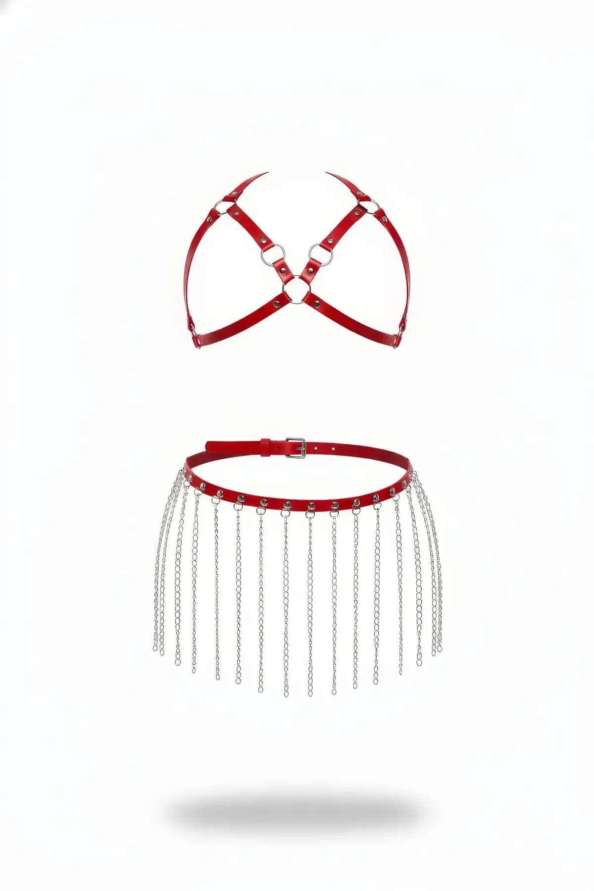 kırmızı suni deri beden harness ve gümüş zincirli bel kuşağı 2 parçalı set