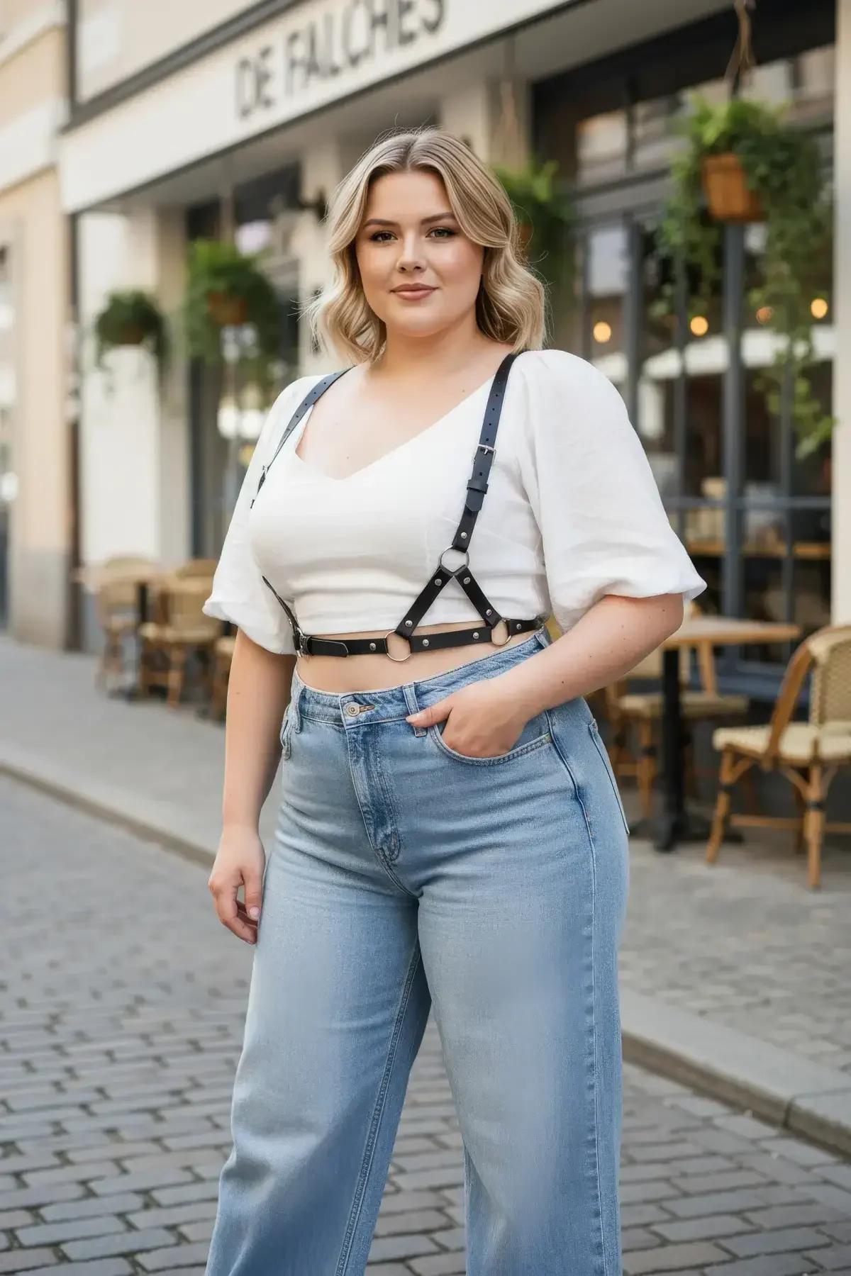 siyah vegan deri harness metal toka detayı büyük beden vücut aksesuarı