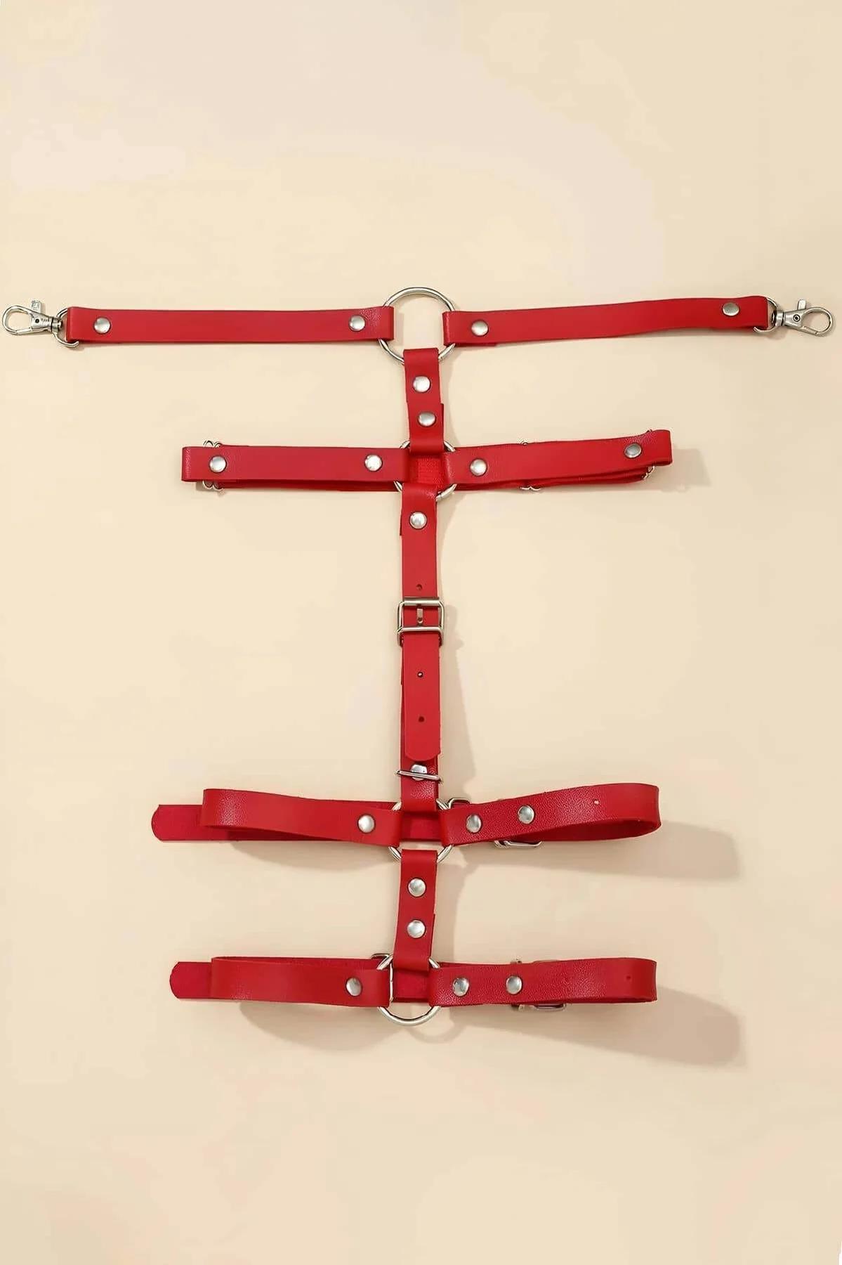Red thigh harness O-ring mid-thigh anchor rivet detail front view