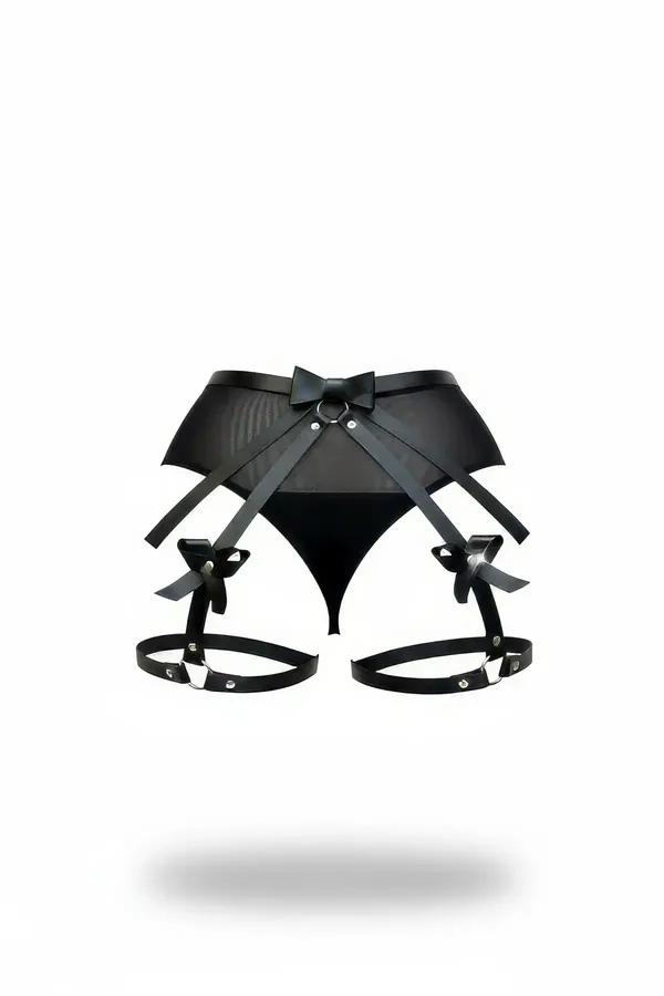Black high waist mesh garter belt with faux leather thigh bands and three bow accents, silver metal rivets