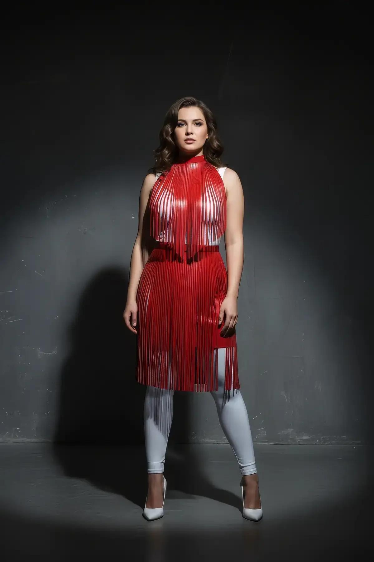 kırmızı vegan deri yelek etek set hareket halinde dans sahnesi