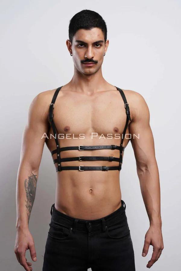 black vegan leather 3-row men's chest harness silver buckle, over t-shirt accessory