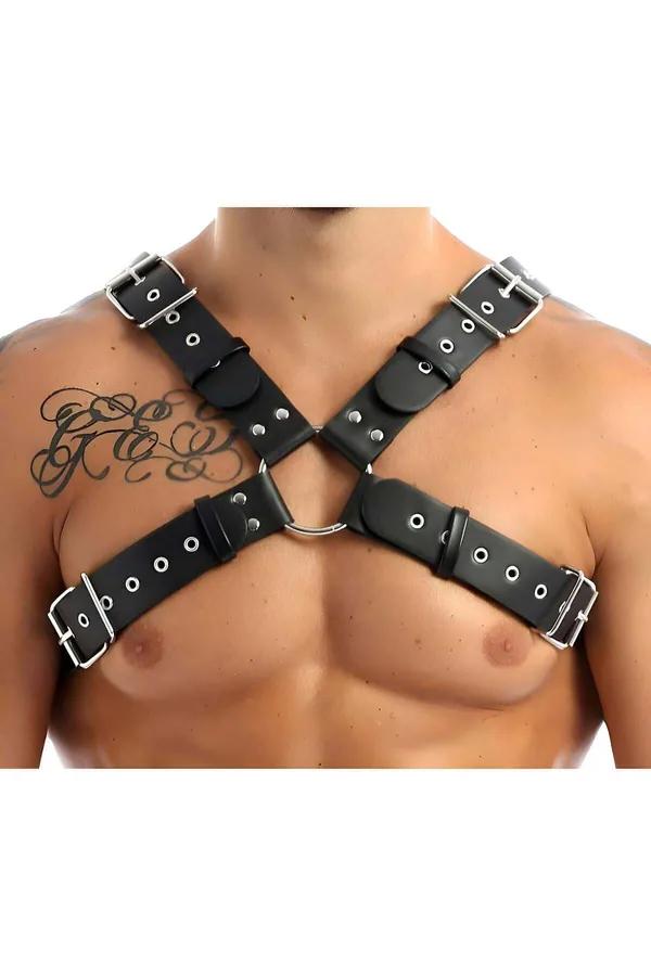 black faux leather chest harness with four silver buckles and central O-ring on male torso