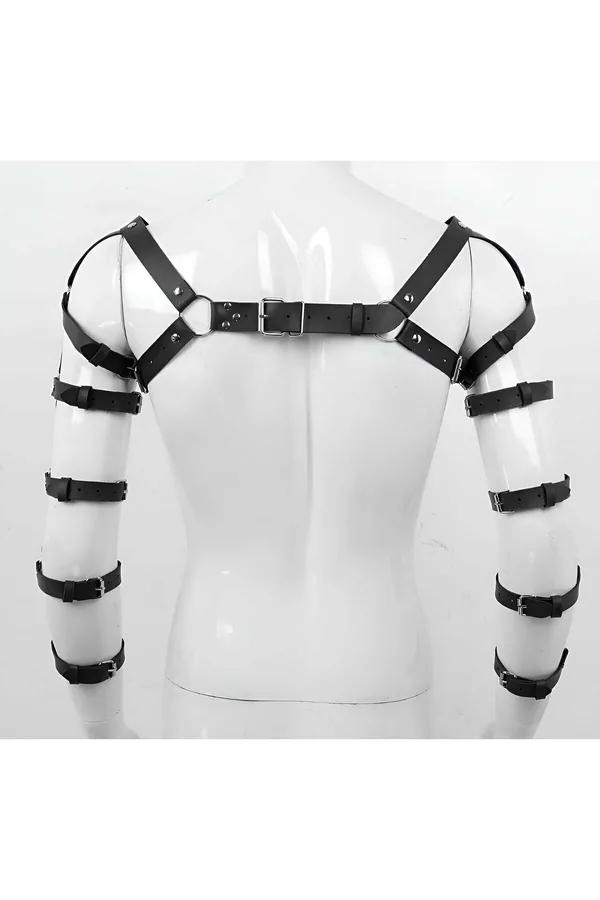 Black faux leather adjustable arm harness with silver buckles wrapping both arms, back view on mannequin