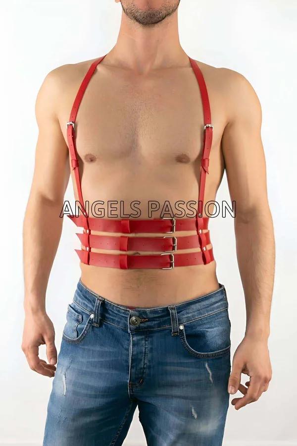 red faux leather strappy chest harness with four horizontal waist straps and silver pin buckles on male model