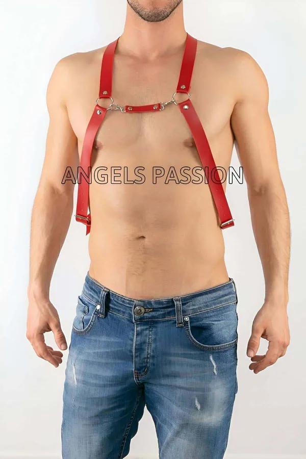 red faux leather adjustable chest harness with silver O-rings and front chain detail worn over bare chest