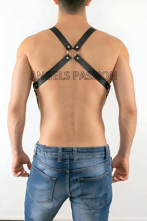 black faux leather mens chest harness X-back cross straps silver O-ring detail back view