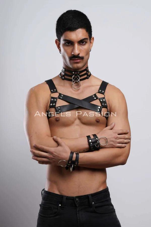 black vegan leather men's chest harness, X cross strap, triple collar with silver O-ring and wristband set