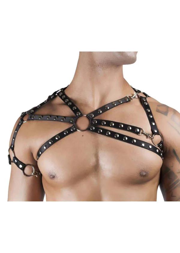 black faux leather cross-strap chest harness with silver dome studs and five O-rings on male torso
