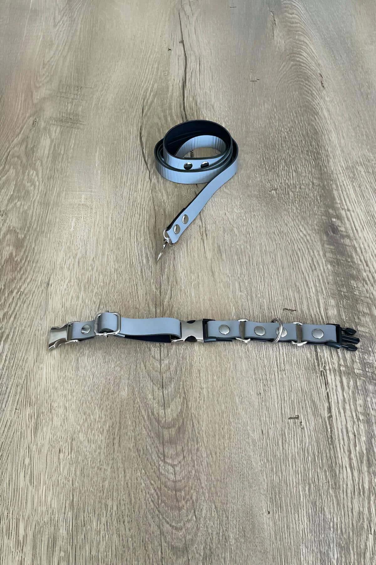 grey reflective cat harness side view silver D-ring and rivet detail