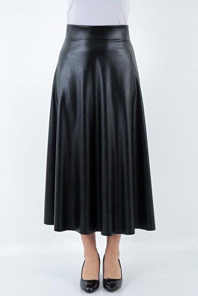Black Vegan Leather Flared Midi Skirt High Waist A-Line Silhouette