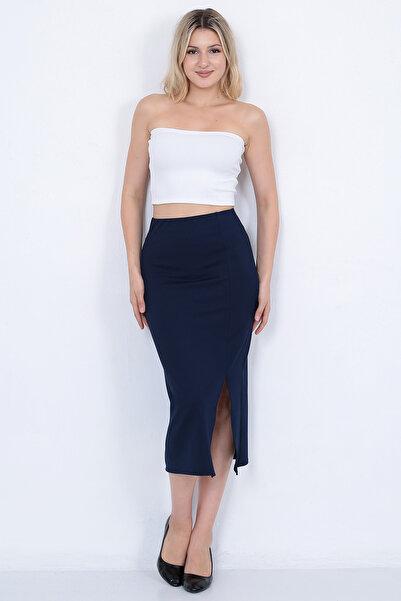 Women's Navy Ribbed Pencil Maxi Skirt - Side Slit Detail