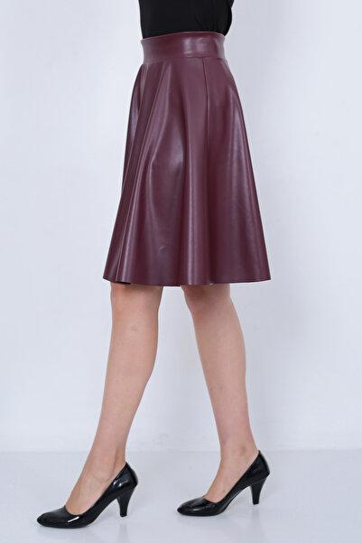 Kadın bordo Suni Deri Kloş Etek Faux Leather