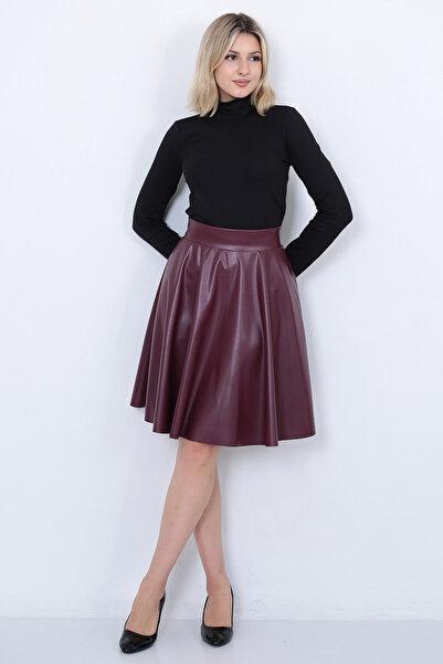 Kadın bordo Suni Deri Kloş Etek Faux Leather