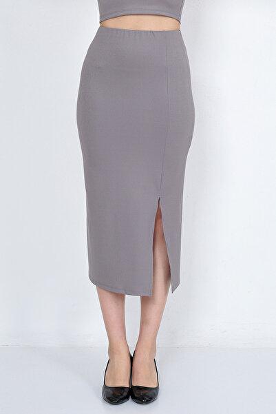 Women's Grey Ribbed Pencil Midi Skirt - Side Slit Detail