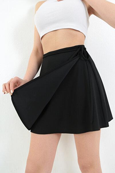 Women's White Ribbed Wrap Tie-Waist Mini Skirt