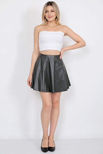 Kadın Haki Suni Deri 8 Parça Mini Kloş Etek Faux Leather