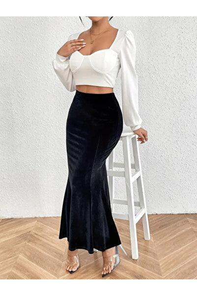 Kadın Siyah Kadife Balık Etek Toparlayıcı, Maxi Boy, Yüksek Bel Şık Uzun Etek