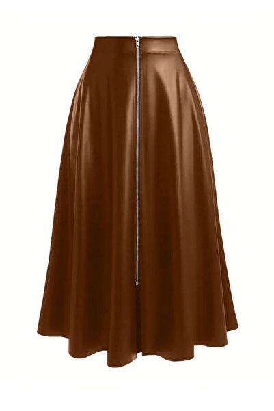 Kadın Taba Suni Deri Mevlana Etek Uzun Önden Fermuarlı Günlük & Gece Şıklığı