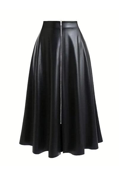 Black Faux Leather A-Line Midi Skirt with Front Zipper High Waisted