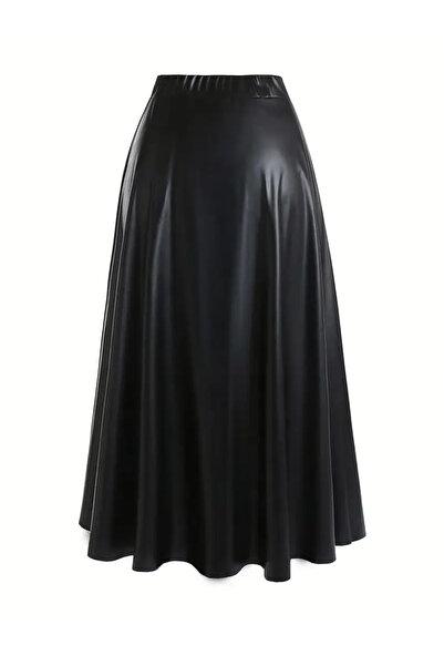 Black Faux Leather A-Line Midi Skirt with Front Zipper High Waisted