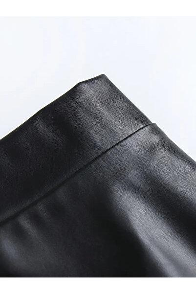 Black Faux Leather A-Line Midi Skirt with Front Zipper High Waisted