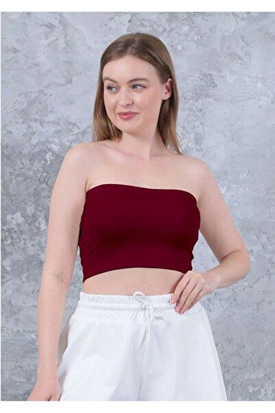 Kadın Bordo Straplez Crop Büstiyer Günlük & Şık Üst Esnek Kumaş