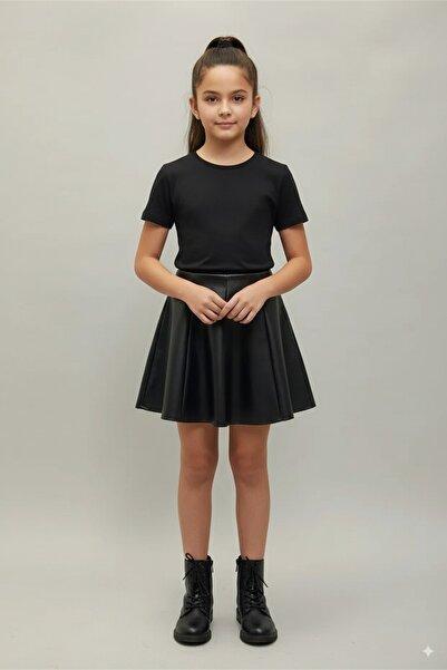 Girls' Black Faux Leather Skirt - Elasticated Waist 8-Panel