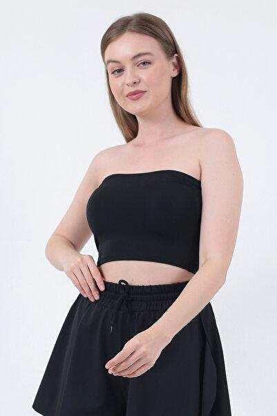 Kadın Siyah Dalgıç Straplez Büstiyer Crop Toparlayıcı Trend