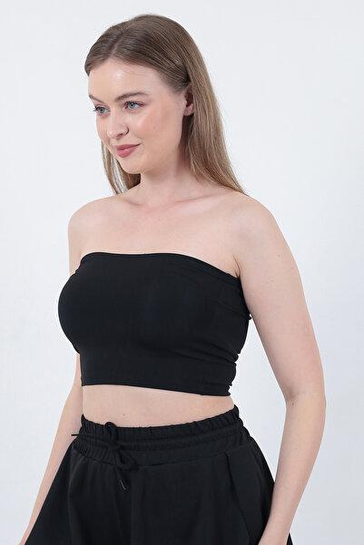 Kadın Siyah Dalgıç Straplez Büstiyer Crop Toparlayıcı Trend