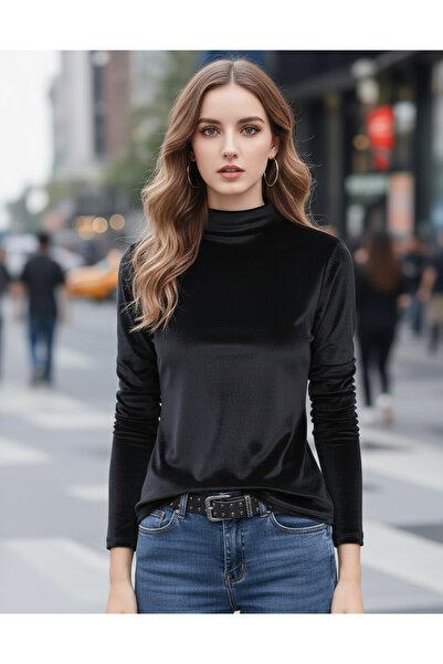Siyah Kadife Balıkçı Yakalı Body Slim Fit Trend & Şık Tasarım